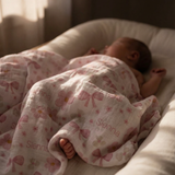 Personalised muslin swaddle wrap with baby name, soft breathable fabric, 120x120cm, perfect for newborns and cuddles