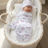 floral swaddle blanket and beanie with custom name