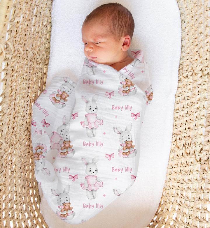 Personalised muslin swaddle wrap with baby name, soft breathable fabric, 120x120cm size, perfect for newborns and babies