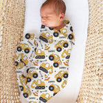 Personalised muslin swaddle wrap with baby's name, soft breathable fabric, 120x120cm size for newborns and babies.