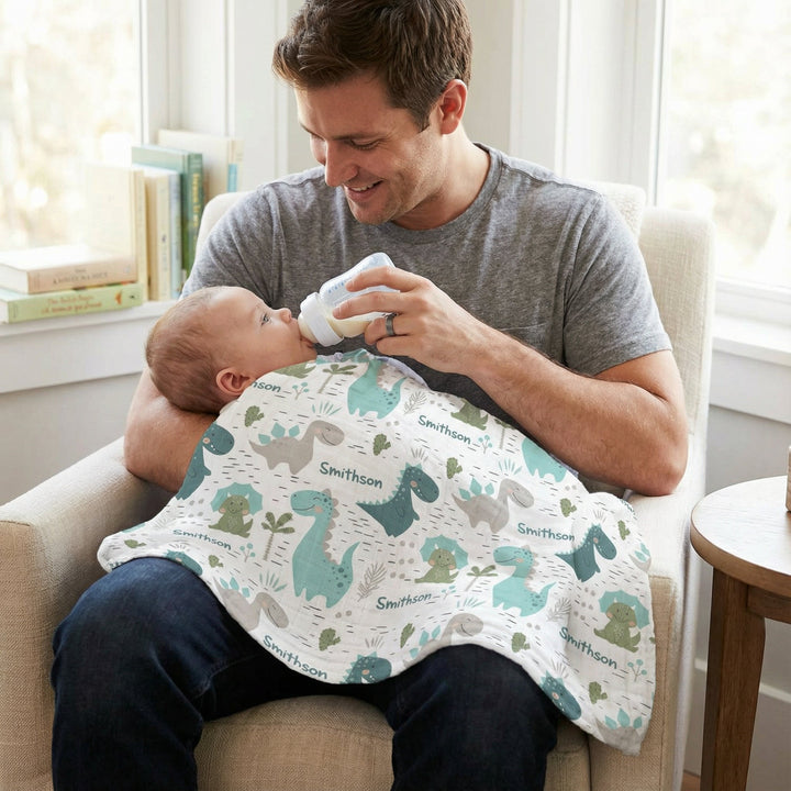 Personalised muslin swaddle wrap with baby name, soft breathable fabric, 120x120cm size for newborn comfort and versatility