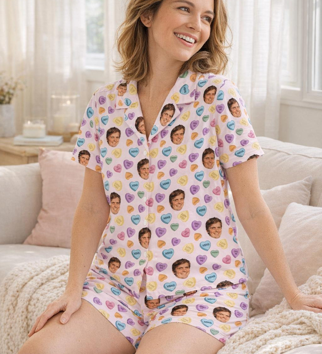 Candy Hearts pyjamas showing custom face print detail