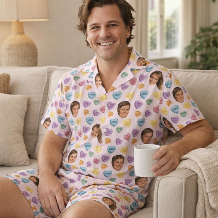 Personalised Candy Hearts pyjama set with custom face and name design
