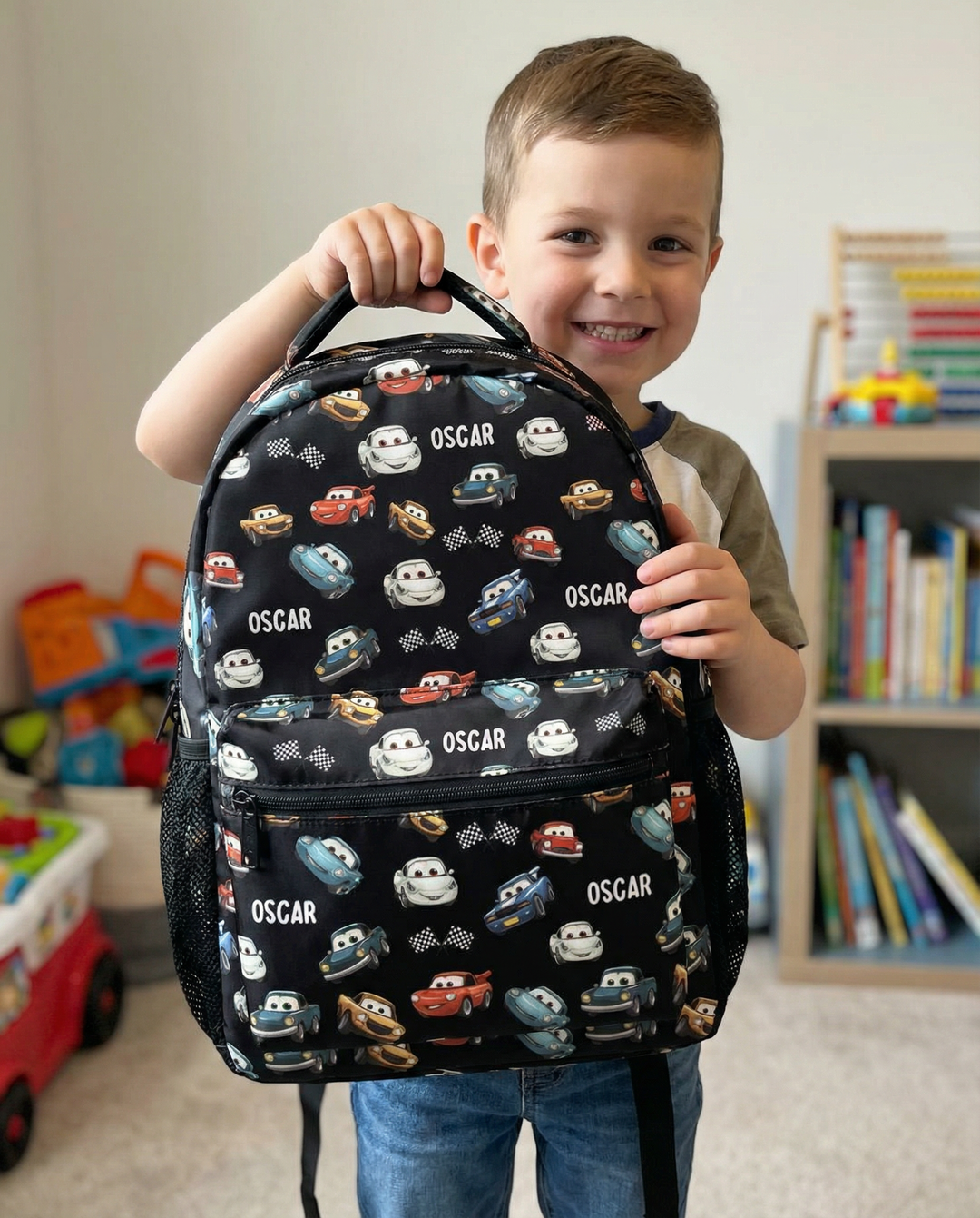Personalised kids backpack, lunch bag, and pencil case combo with custom name and vibrant design