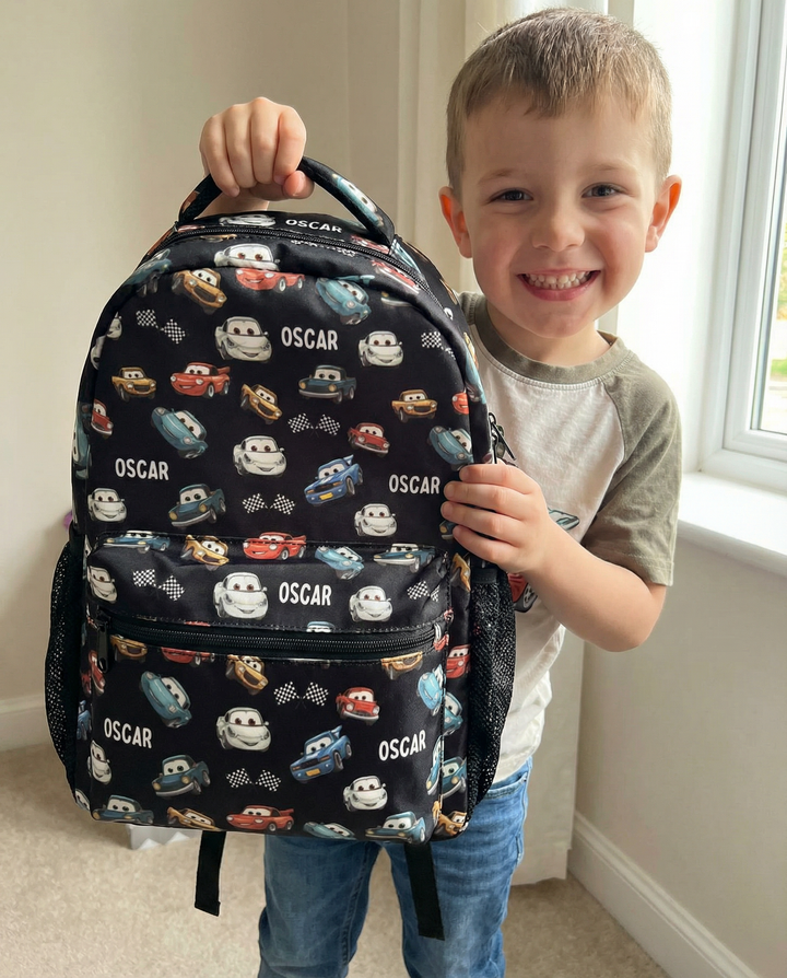 Colourful personalised kids backpack with name, durable Oxford cloth and side pockets for school use