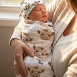 Personalised baby swaddle and beanie set made from soft stretch poly fabric for comfort and style