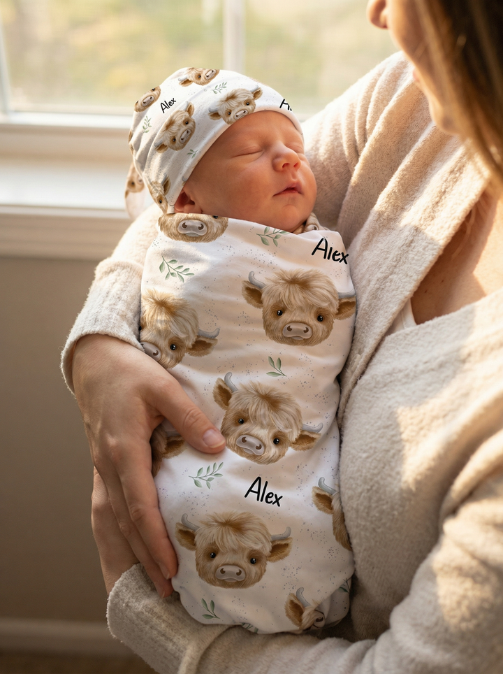 Personalised baby swaddle and beanie set made from soft stretch poly fabric for comfort and style