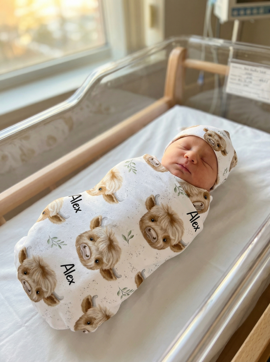 Personalised baby swaddle and beanie set made of soft stretch poly fabric for comfort and style