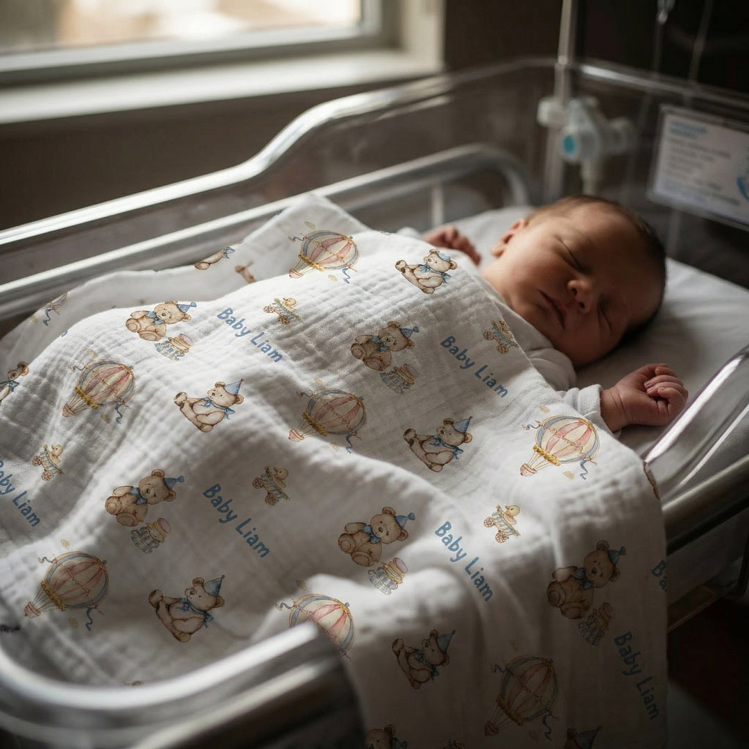 Personalised muslin swaddle wrap with baby name print, soft breathable fabric, 120x120cm perfect for newborns