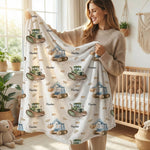 Soft personalised baby blanket with custom edge-to-edge print and plain white reverse side for newborn comfort