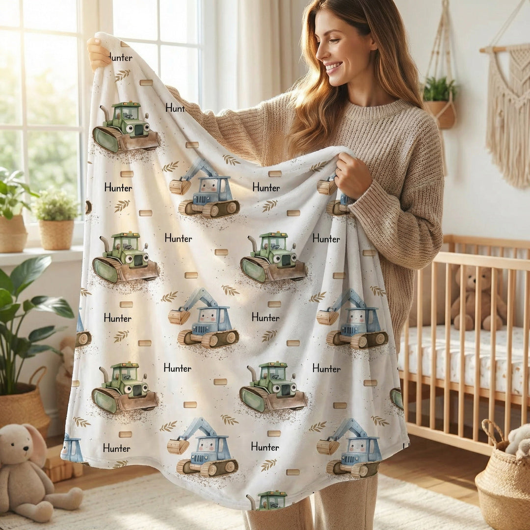 Soft personalised baby blanket with custom edge-to-edge print and plain white reverse side for newborn comfort