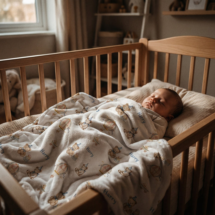 Soft personalised baby blanket with custom edge-to-edge print and cozy white reverse side