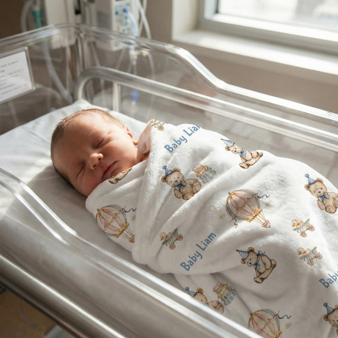 Soft personalised baby blanket with custom edge-to-edge print and white reverse side for ultimate comfort and stain resistance