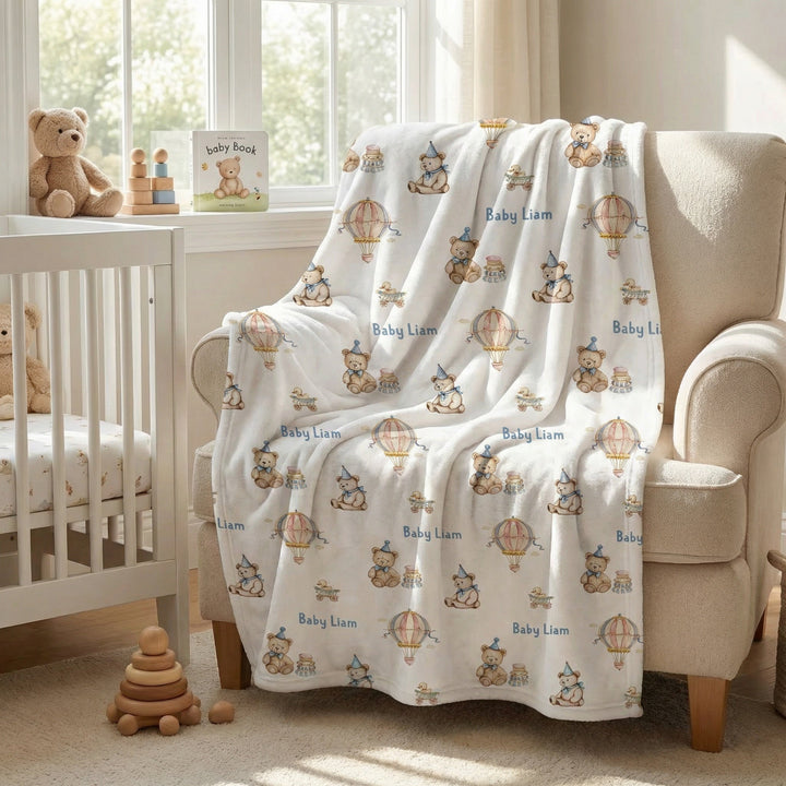 Soft personalised baby blanket with edge-to-edge print and stain-resistant fabric for infants