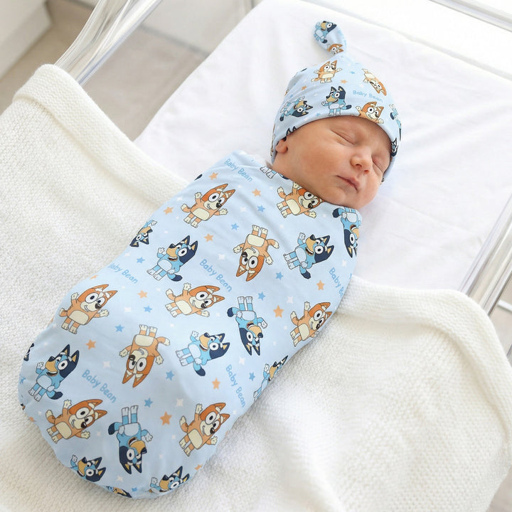 Personalised baby swaddle and beanie set made from soft stretch poly fabric for comfort and style