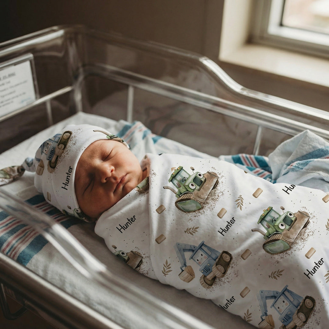 Personalised baby swaddle and beanie set in soft stretch poly fabric for newborn comfort and style