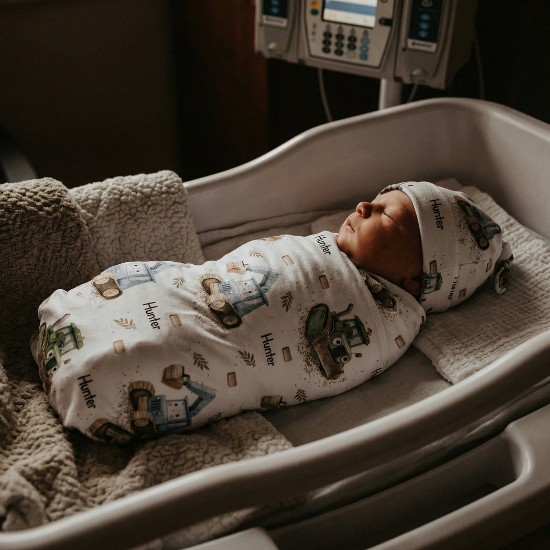 Personalised baby swaddle and beanie set made from soft stretch poly fabric for comfort and style