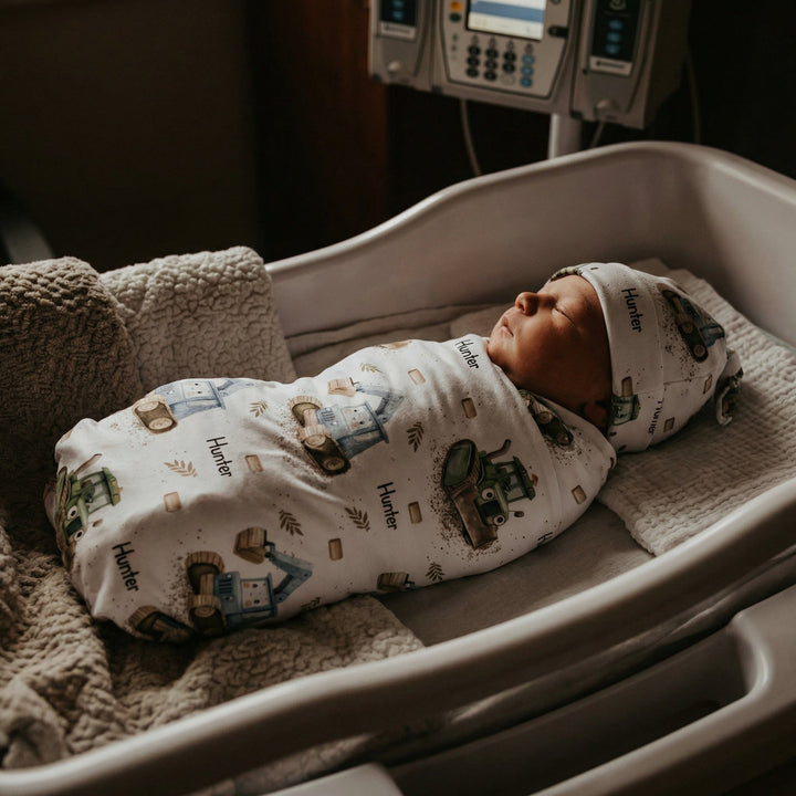 Personalised baby swaddle and beanie set made from soft stretch poly fabric for comfort and style