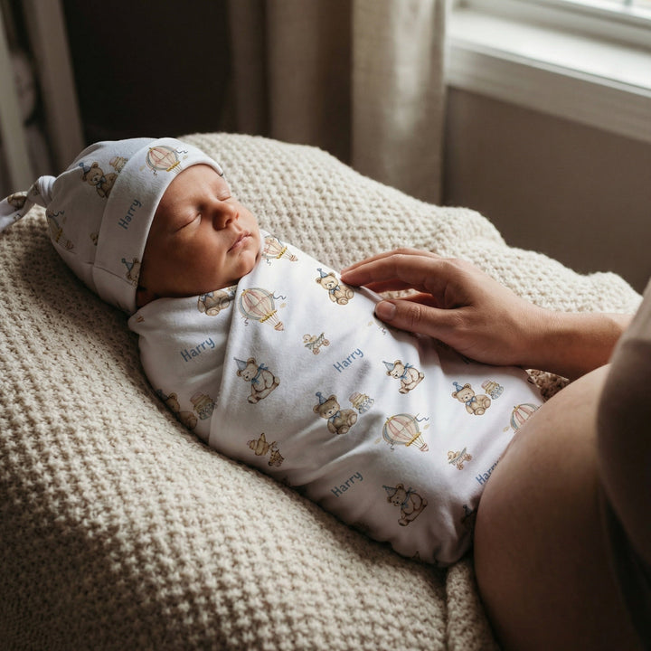 Personalised baby swaddle and beanie set made of soft stretch poly fabric for newborns