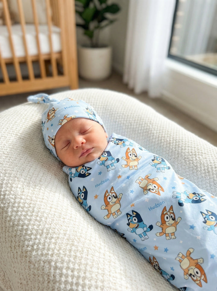 Personalised baby swaddle and beanie set in soft stretch poly fabric for newborn comfort and style