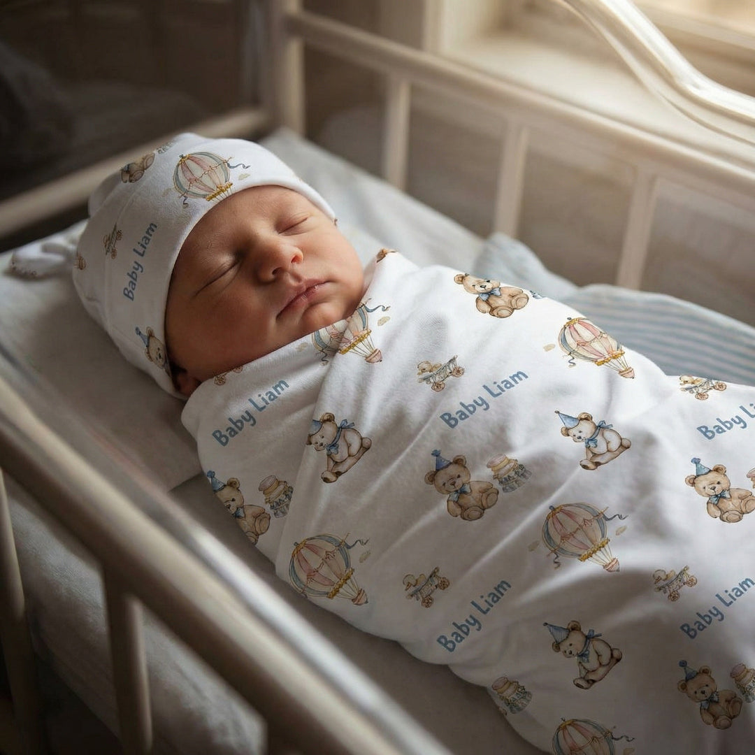 Personalised baby swaddle and beanie set made from soft stretch poly fabric for comfort and style