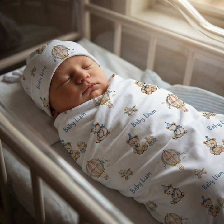 Personalised baby swaddle and beanie set made from soft stretch poly fabric for comfort and style