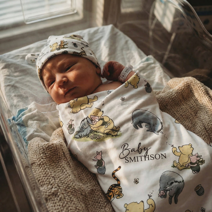 Personalized custom swaddle wrap and beanie set for newborns by The Custom Co.