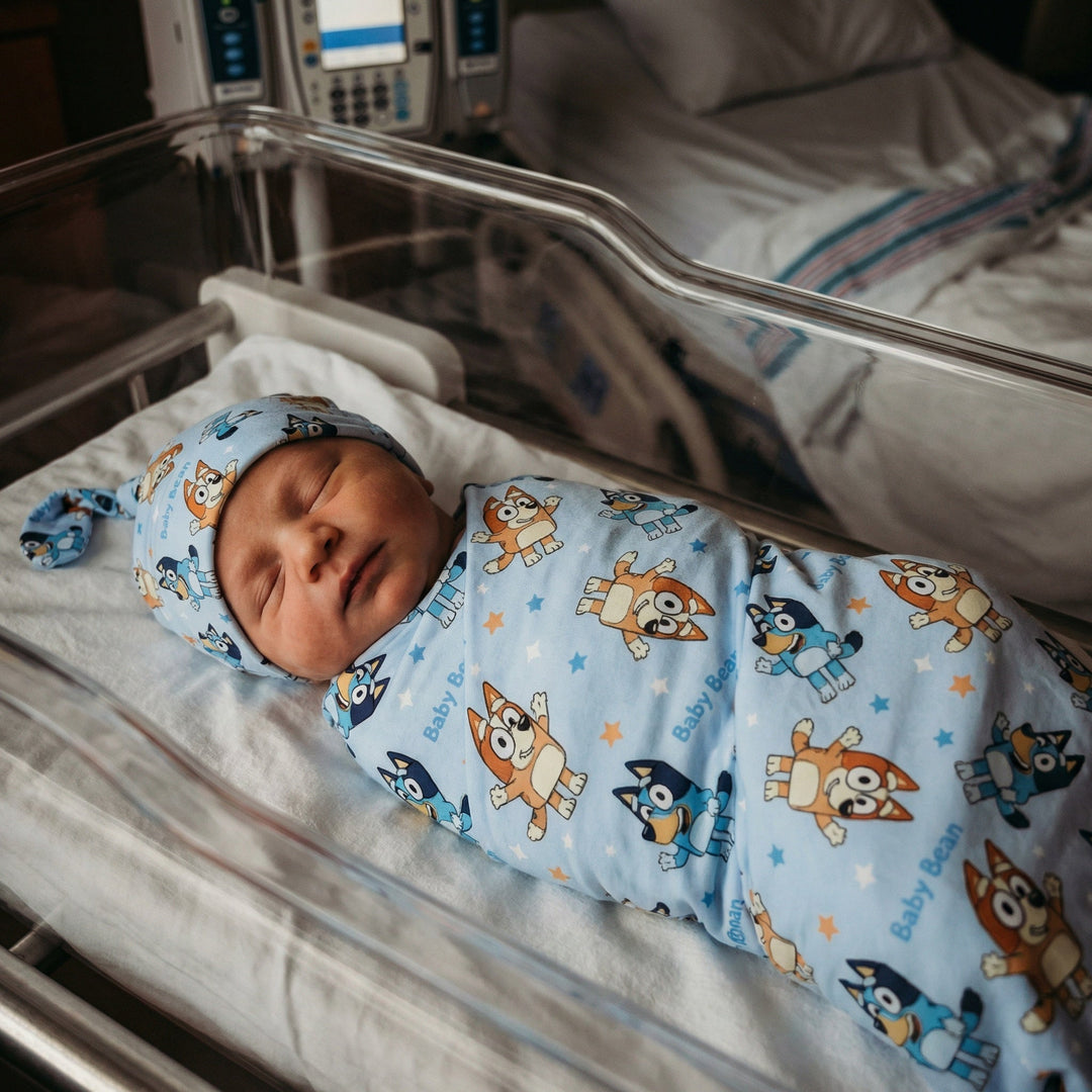 Personalised baby swaddle and beanie set made from soft stretch poly fabric for comfort and style