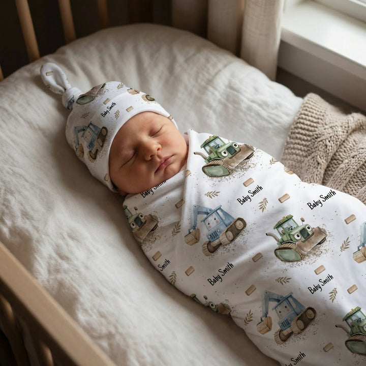 Personalised baby swaddle and beanie set from The Custom Co made of soft stretch poly fabric