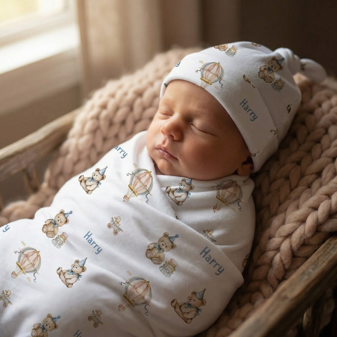 Personalised baby swaddle and beanie set made of soft stretch poly fabric for newborns