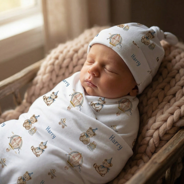 Personalised baby swaddle and beanie set made of soft stretch poly fabric for newborns