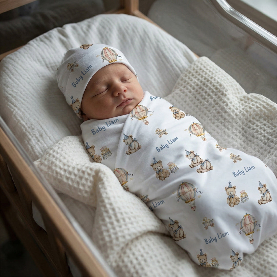 Personalised baby swaddle and beanie set in stretch poly fabric for comfort and style