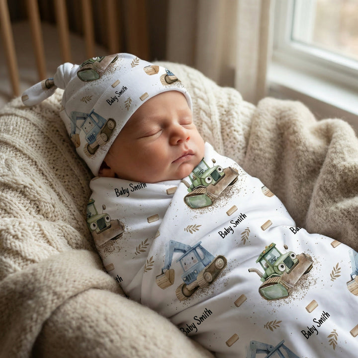 Personalised swaddle and beanie set made from soft stretch poly fabric for newborn comfort and style