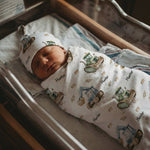 Personalised baby swaddle and beanie set made from soft stretch poly fabric for comfort and style