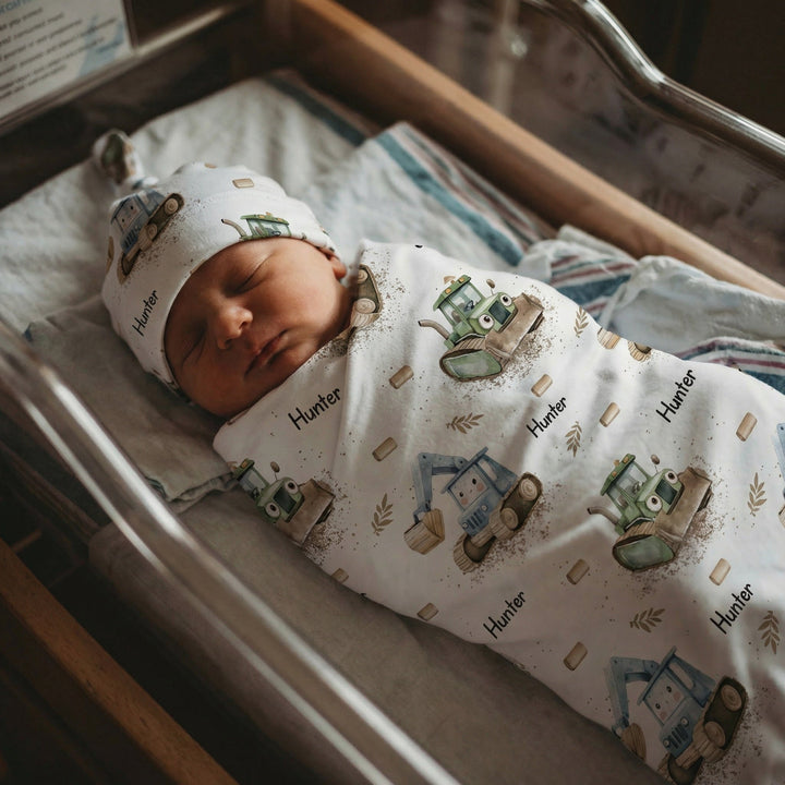 Personalised baby swaddle and beanie set made from soft stretch poly fabric for comfort and style