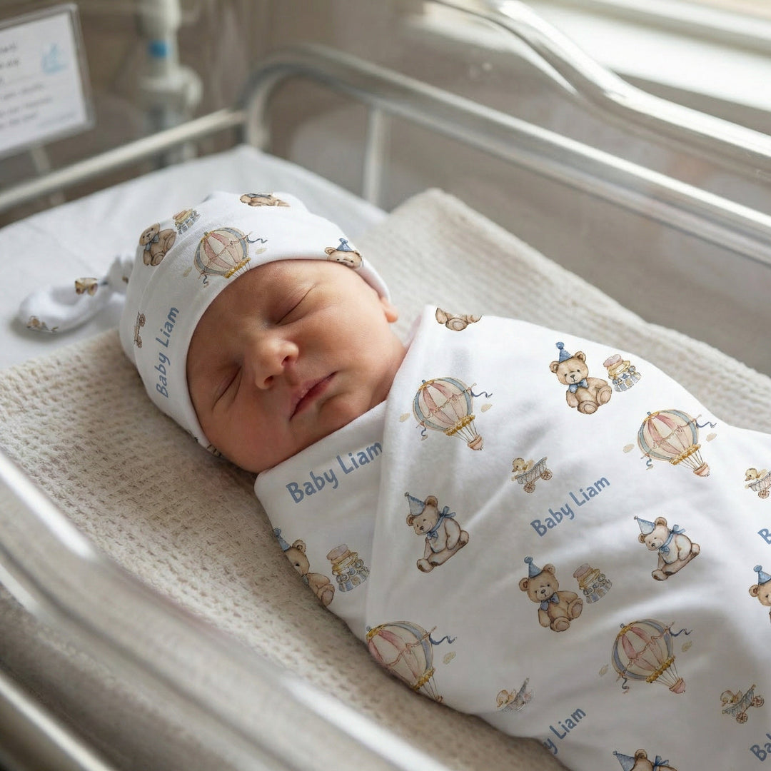 Personalised baby swaddle and beanie set made from soft stretch poly fabric for comfort and style