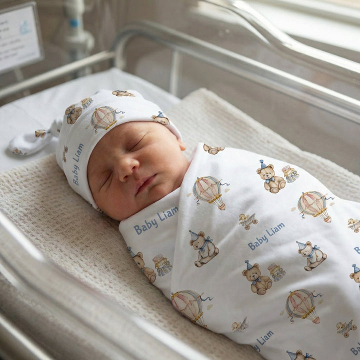 Personalised baby swaddle and beanie set made from soft stretch poly fabric for comfort and style