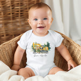 Baby wearing a personalised I Really Dig You Daddy onesie with digger truck print and custom name, perfect for Father’s Day.