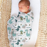 Personalised muslin swaddle wrap with baby name, soft breathable fabric, 120x120cm size for newborn comfort and gift