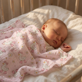 Personalised muslin swaddle wrap with baby name, soft breathable fabric, 120x120cm size for newborns and babies.