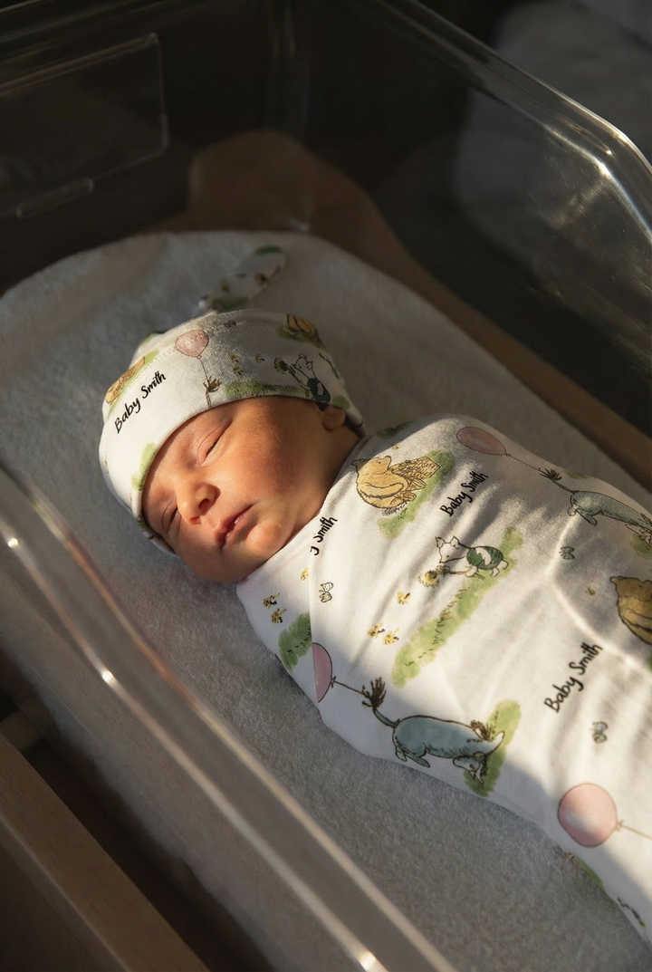 Personalised baby swaddle and beanie set in stretch poly fabric for newborn comfort and style
