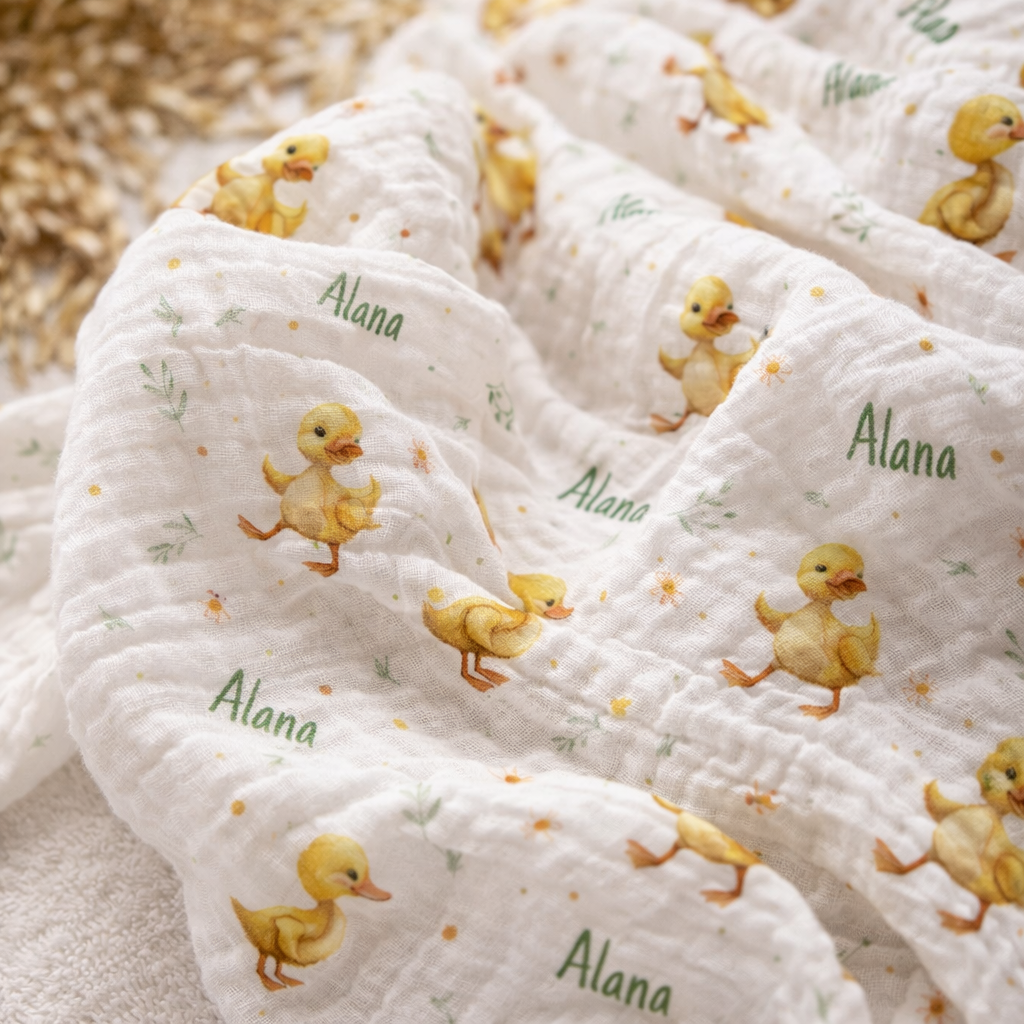 Soft personalised muslin swaddle wrap with baby name, breathable and lightweight for newborns, 120x120cm