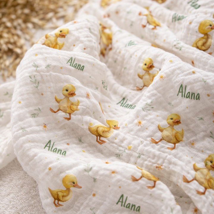 Soft personalised muslin swaddle wrap with baby name, breathable and lightweight for newborns, 120x120cm