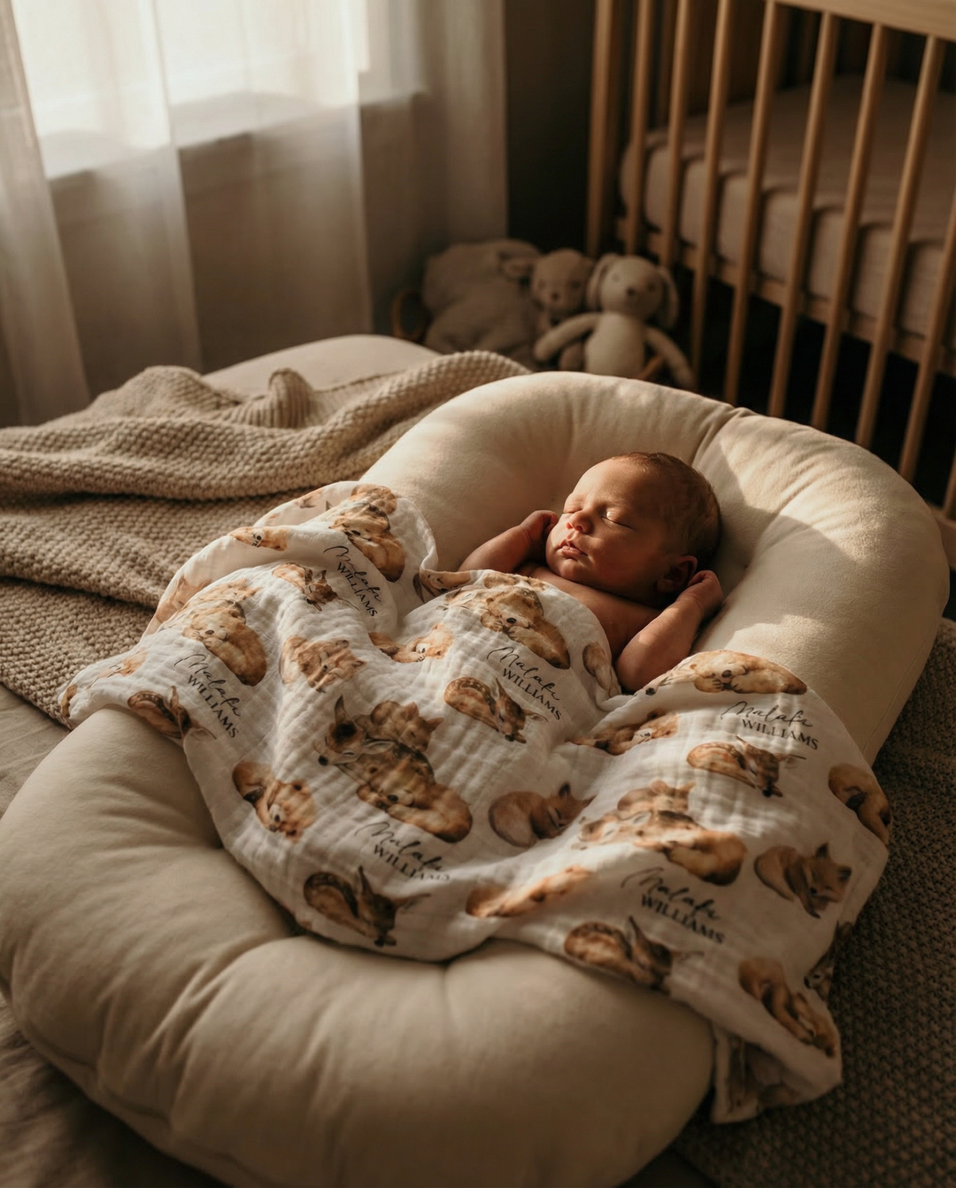 Custom muslin swaddle wrap personalized with baby name, soft breathable fabric, 120x120cm size, ideal for newborns and machine washable