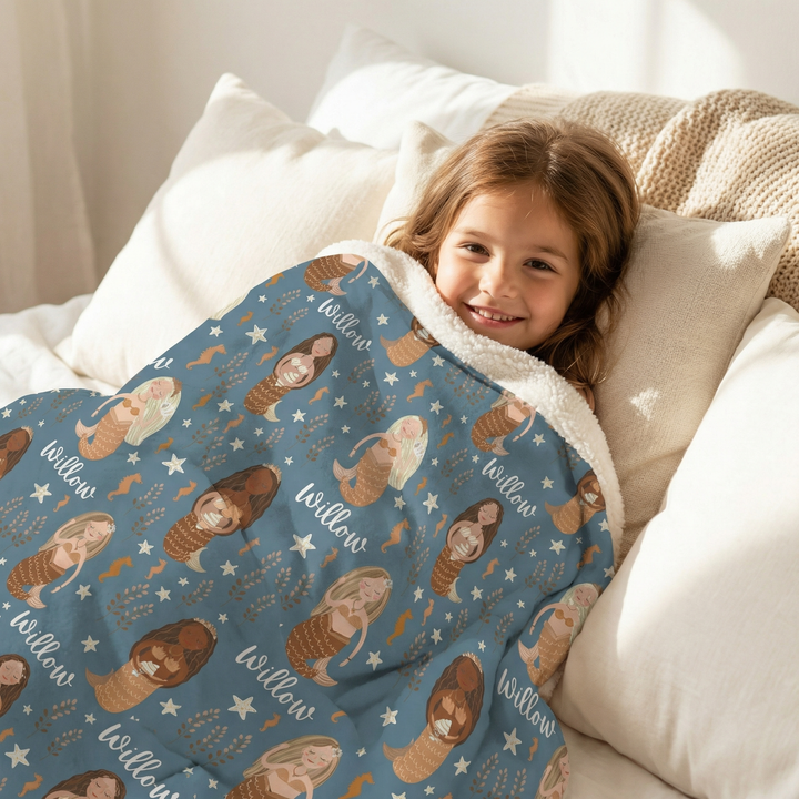 Personalised kids luxe sherpa blanket with plush velvet front and soft sherpa fleece backing