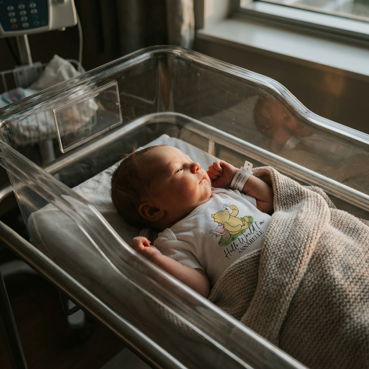 Hello World Onesie baby outfit with Winnie the Pooh design, soft cotton, breathable fabric, open shoulder, loose crotch, snap closures for easy diaper changes