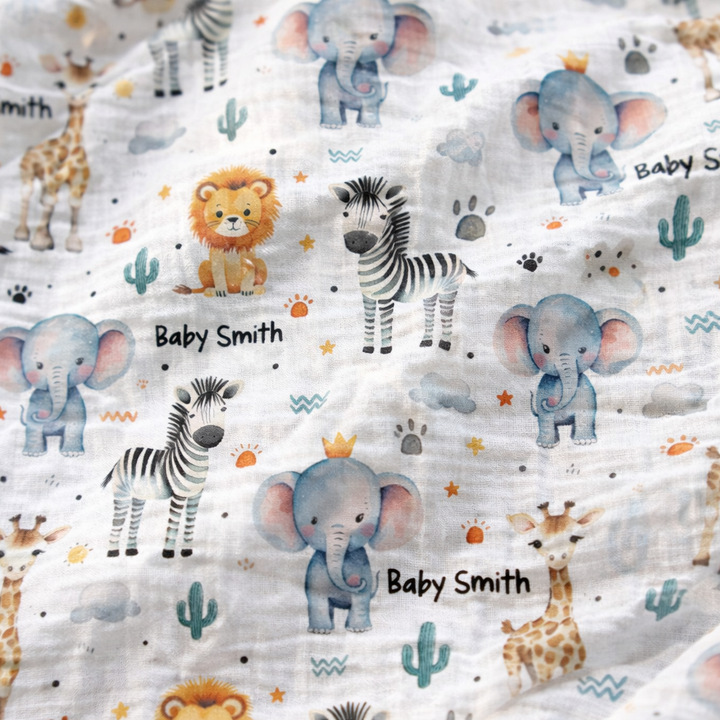 Personalised muslin swaddle wrap with baby name, soft breathable fabric, 120 x 120cm, ideal for newborns and babies.