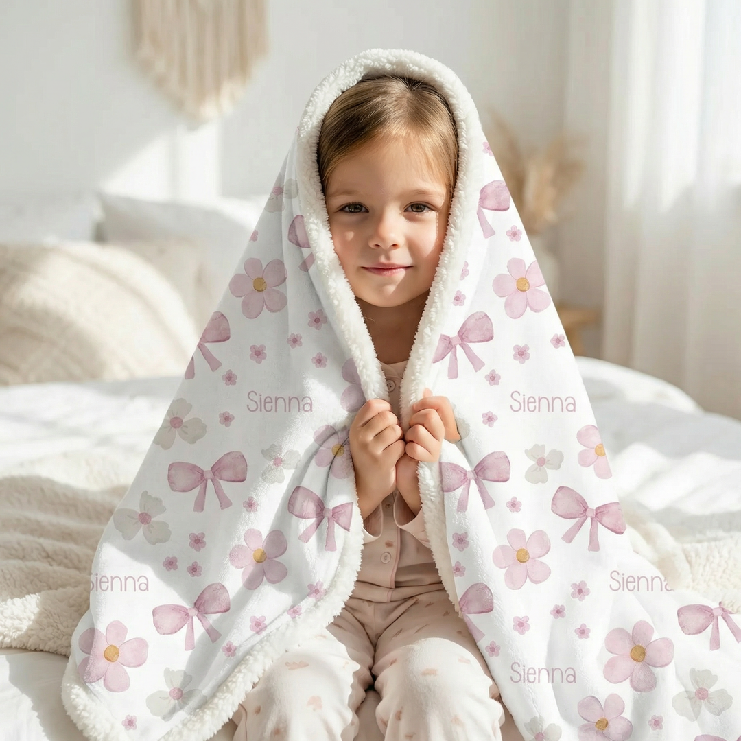 Personalised kids luxe sherpa blanket with plush velvet front and soft sherpa fleece backing