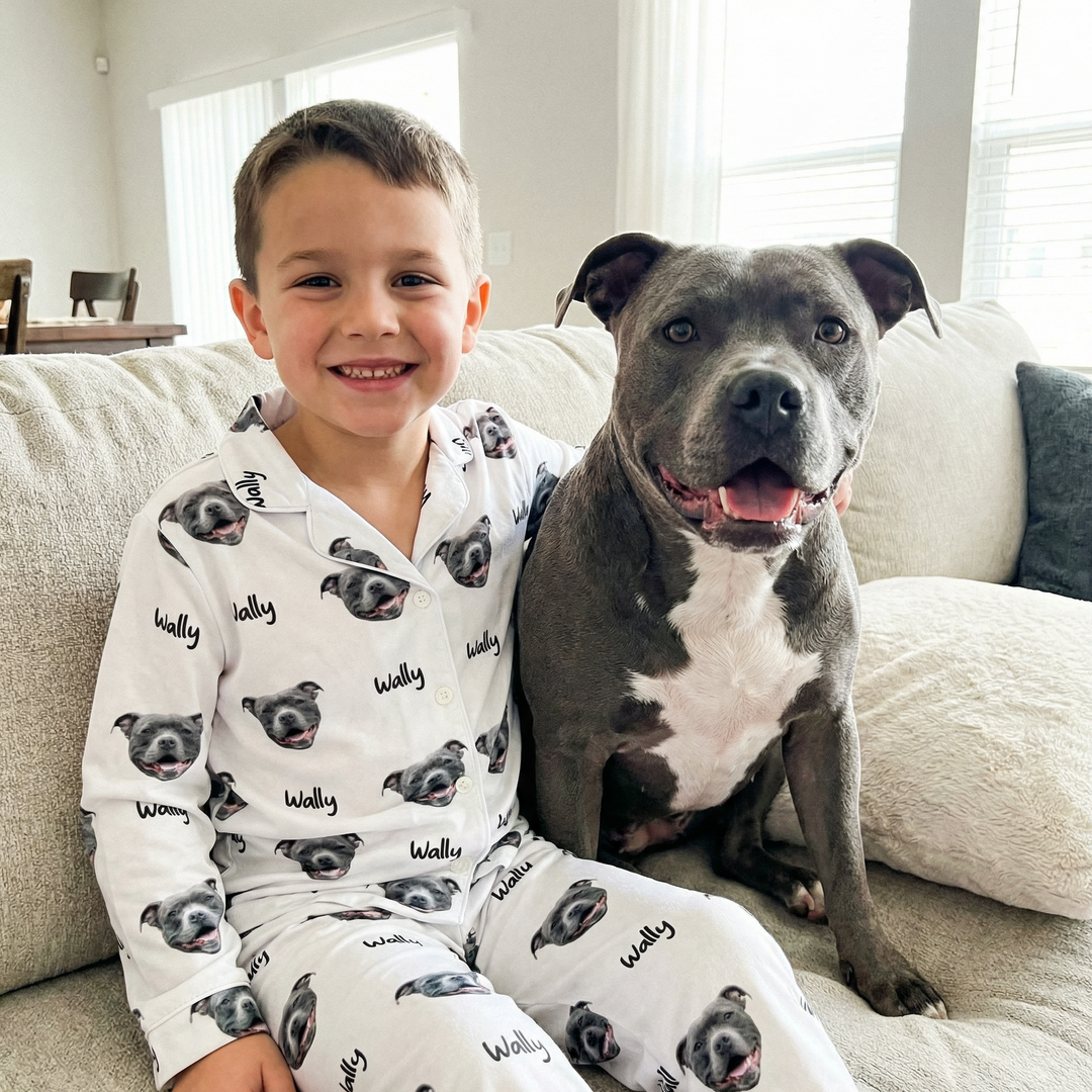 Personalised kids pet photo pyjamas with long sleeves and all-over pet print design
