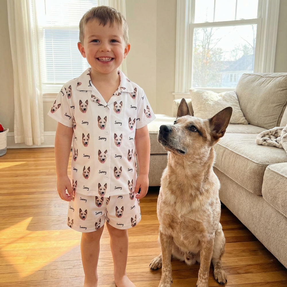 Personalised kids pet photo pyjamas with short sleeve top and shorts featuring all-over pet print and child’s name